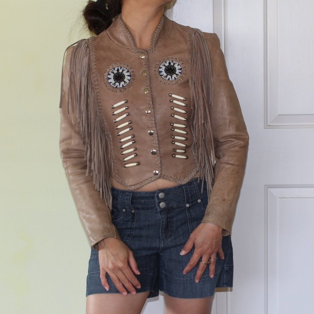 Hot Leathers fringe motorcycle bone and bided women's jacket Size XS long sleeve